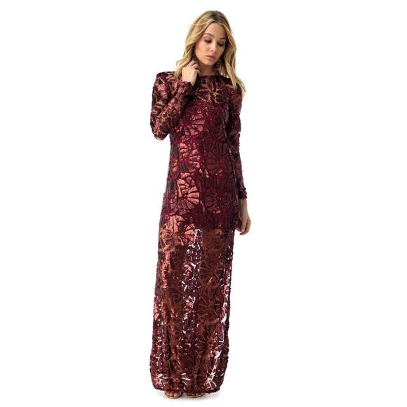 Sky Clothing Brand S NWT Sequin Maxi Dress Long Sleeve Maroon Burgundy Formal